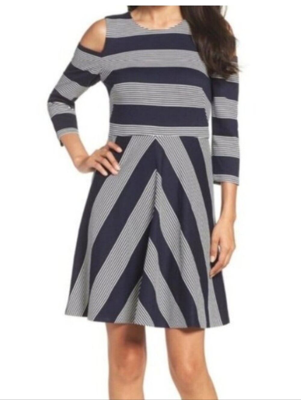 Eliza J-Chevron Stripe Cold Shoulder Dress Navy-18W